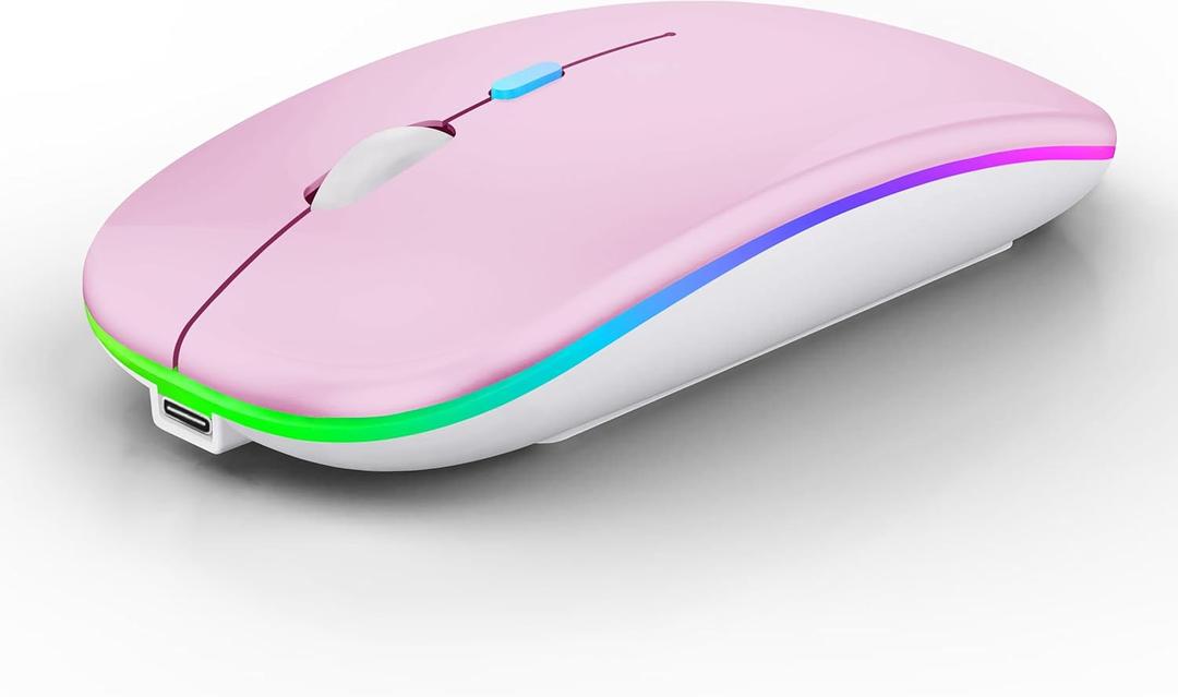 WREANU Wireless Bluetooth Mouse Rechargeable Laptop Mice with LED Lights Silent Slim Use(BT5.2 and 2.4G Portable USB Receiver) Dual Mode Computer Mouse for Laptop/iPad/Tablet/Apple/Computer/Mac(Pink)
