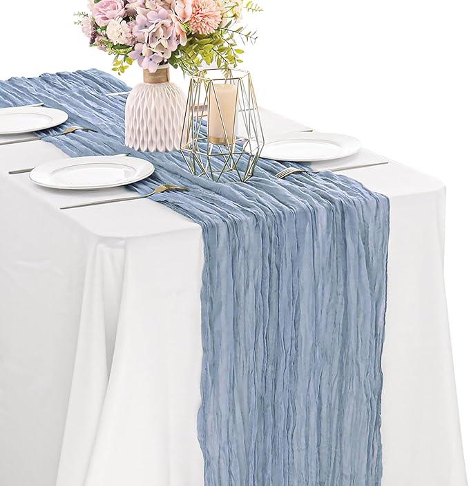 Dusty Blue 10FT Cheesecloth Table Runner Boho Gauze Fabric Table Runner Rustic Sheer Runner for Wedding Bridal Baby Shower Birthday Party Boho Table Decor（1 Pack Dusty Blue）