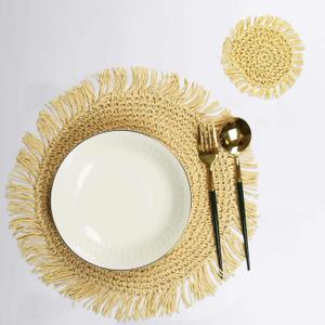 Noctiflorous Round Braided Woven Placemats with Coasters Set of 4 Diameter 14 inch Natural Handmade Place Mats, Farmhouse Weave Tablemats Rustic Table Mats for Dining Table (Beige, 4)