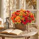 24 Pcs Artificial Mums Flowers for Outdoor, UV Resistant Fake fall Chrysanthemums Marigold Plant, Autumn Floral Arrangements for Outside, Garden, Yard(24, Orange, Burnt Orange, Red, Burgundy)