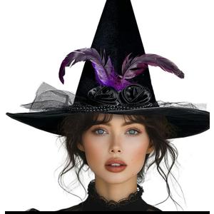Halloween Black Witch Hats for Witch Costume women - Large Black Velvet Witch Hat with Purple Feathers and Choker Necklace, Great Accessories for Witches Costume for Adult Women