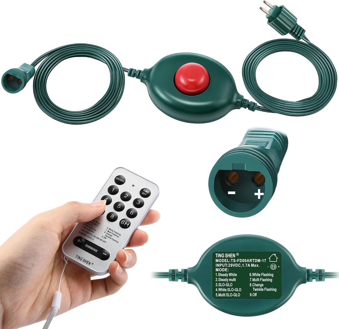 Meonum 1/2 inch Plug Extension Cord for Christmas Tree Lights, Foot Switch with 9 Light Modes Remote, Dimmable, Timer, 15 ft Power Cord Push Button Compatible with TS-8W29V TS-13W29V to TS-48W29V