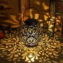  Outdoor Solar Hanging Lantern Lights Metal LED Decorative Lamp for Garden Patio Courtyard Lawn and Table with Hollowed-Out Design (Black)