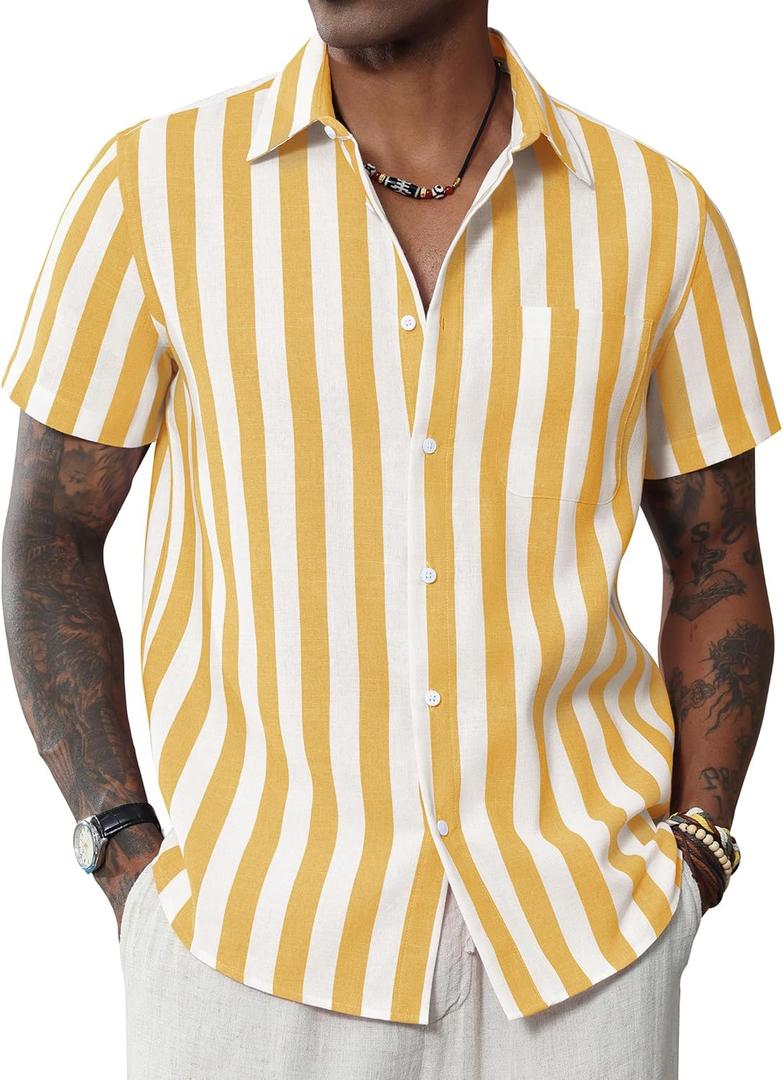 J.VER Men's Linen Shirts Short Sleeve Casual Striped Button Down Shirt for Summer Beach Yoga (White, XXXL)