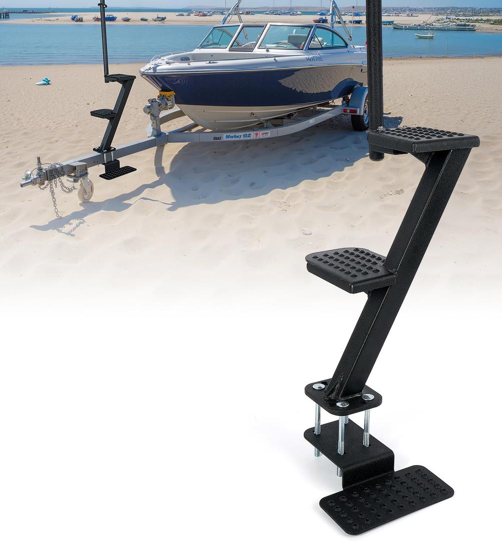 Heavy-Duty Boat Trailer Steps with Handle, Non-Slip Surface, Universal Fits for Trailers Tongue Step, Patent Pending, 3 Steps
