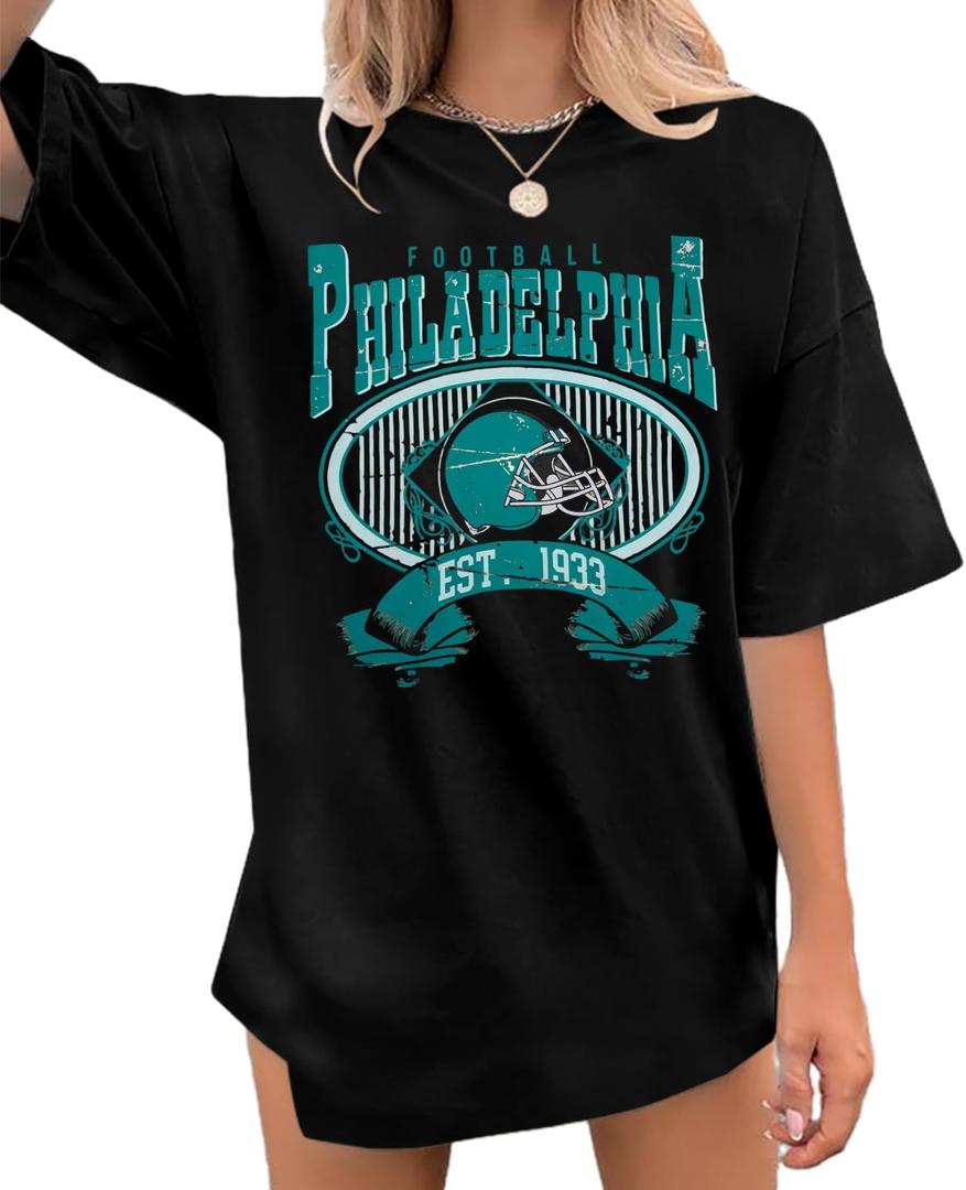 Football Shirts Women Game Day Oversized Shirt Football Team Fan Tee Sports Jersey Gift Tops (Black, S)