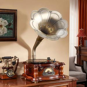 Wooden Vintage Gramophone Record Player, Retro Phonograph Record Players, 3 Speed Turntable for Vinyl Records with Bluetooth Play/USB Play/FM for Home/Office/Hotel/Christmas/Birthday/Party