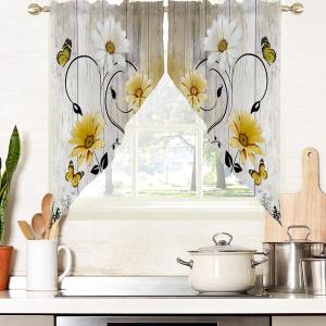 AAtter Yellow Floral Kitchen Valance Curtain for Window Flower Retro Rustic White Country Spring Daisy Butterfly Small Short Home Living Room Bedroom Bathroom Drape Fabric 1 Pair, 28" W x 36" L, Cute