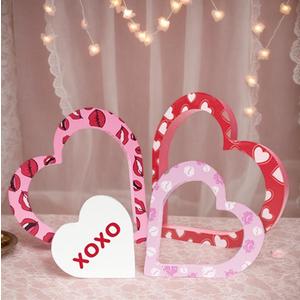 4 Pcs Valentine's Day Decor Double-Sided Wooden Table Decorations Sweet Love Heart Signs Red Lips Tiered Tray Ornaments for Wedding Anniversary Party