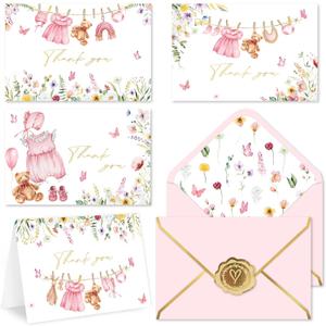 FYSUIMU 32 Pack Baby Shower Thank You Card Floral Pink Clothes Gold Foil Greeting Card Pink Wildflower Blank Note Cards with Envelope Sticker for Spring Party Supplies, 4 x 6 Inch