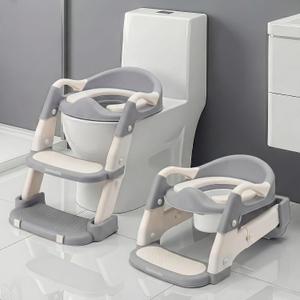 SereneLife 2-in-1 Potty Chair & Potty Training Seat with Step Stool Ladder - Height Adjustable Kids/Toddler Toilet Seat with Stable Anti-Slip Design, Cushioned Seat & Splash Guard For Boys Girls (Gray)