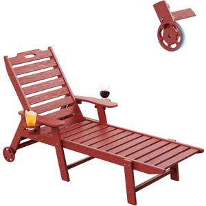 Carauci Lounge Chair Outdoor, HDPE Chaise Lounge with Wheels, 5-Position Adjustable Backrest & 2 Cup Holders Patio Lounge Chair, All-Weather Pool Sun Lounger for Poolside, Backyard, Red