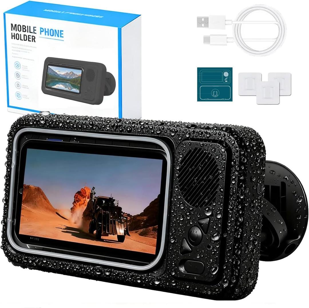 Shower Phone Holder Waterproof with Wireless Bluetooth Speaker, Hands-Free Shower Phone Holder for Any Phone, Wall Mounted Phoneholder for Bathroom Mirror (Black)