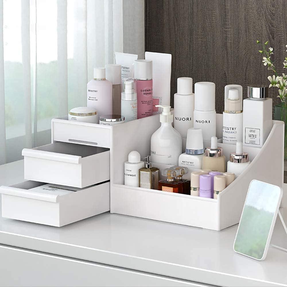 Large Makeup Capacity Cosmetic Storage Box Skin Care Organizer Jewelry,Makeup, Brushes, Lipsticks, Nail Polish Container,Desktop Dresser Sundries Storage Box (White)