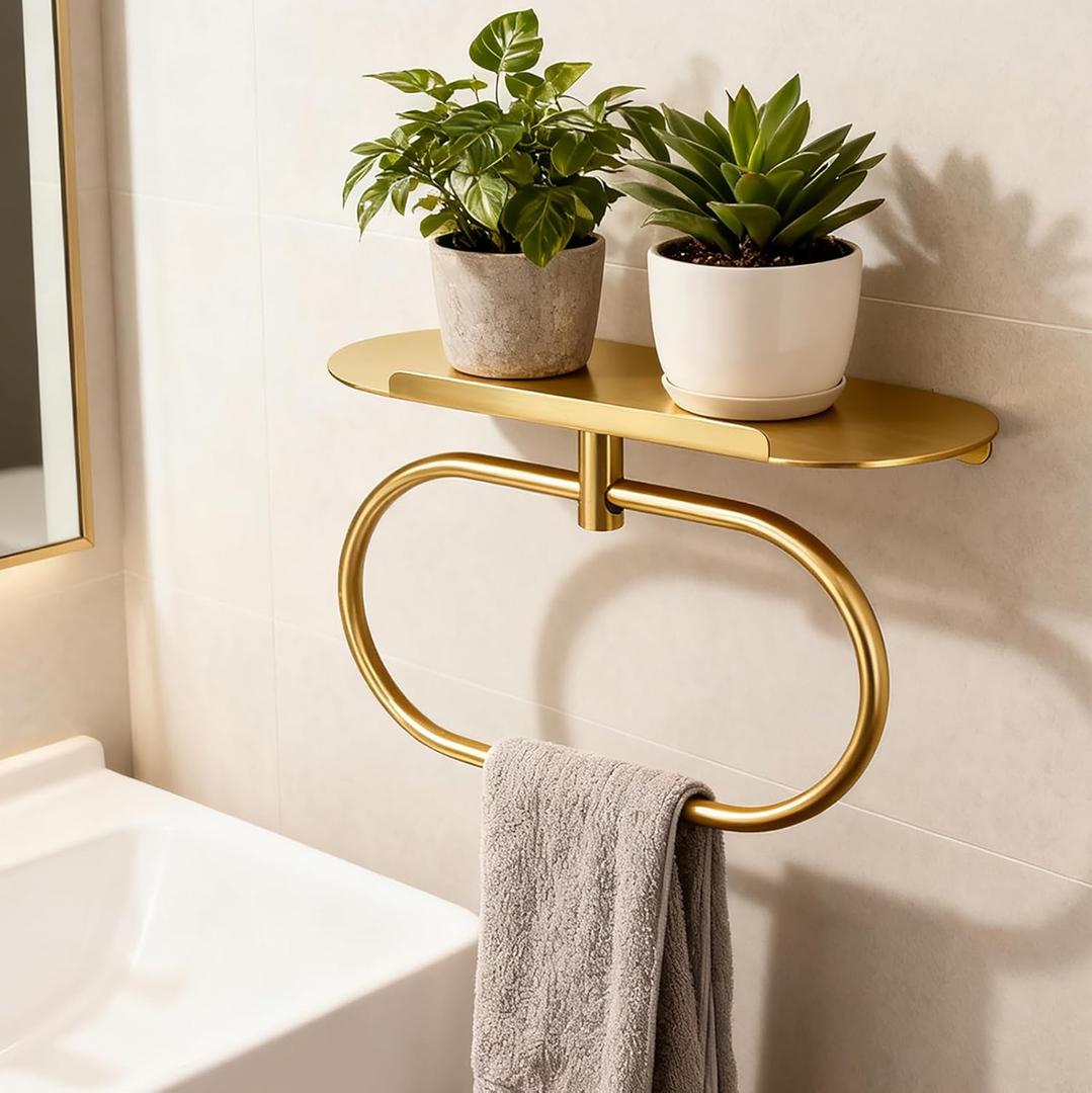 Towel Ring with Shelf, Heavy Duty Stainless Steel Bathroom Hardware, Adhesive No-Drill or Drill Mount Wall Mounted Towel Holder for Bathroom and Kitchen (Gold)