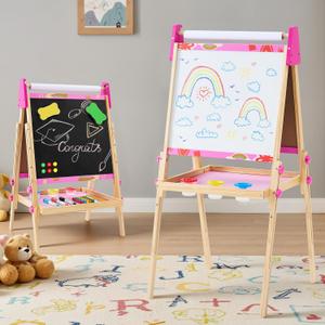 DUMOS Kids Easel Set with Paper Roll, Adjustable Height Wooden Double-Sided Magnetic Chalkboard & Whiteboard Art Station for Ages 3+, Dry Erase Board, Gift Idea with Accessories for Girls and Boys