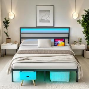 Full Size Bed Frame with Headboard,Heavy Duty Steel Slats Support-LED Bed Frame with USB Charging Station,Mattress Foundation-Under Bed Storage,No Box Spring Needed,Noise FreeBlack