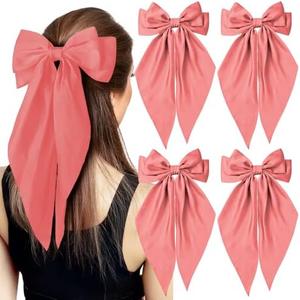 EIOAUY 4PCS Dark Pink Hair Bows for Women Girls Big Silky Satin Bow Hair Clips Hair Ribbons Oversize Long Tail Ponytail Holder Hair Barrettes Coquette Hair Accessories