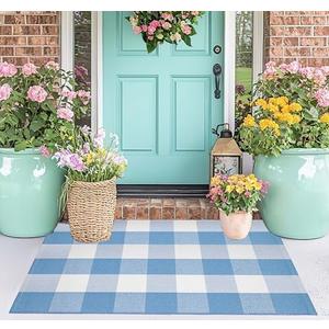 Light Blue and White Front Door Mat 24''X35'' Buffalo Plaid Checked Front Porch Rug Cotton Woven Washable Rug Layering Doormat for Welcome Door Mat Entryway Dining Room Bedroom Living Room