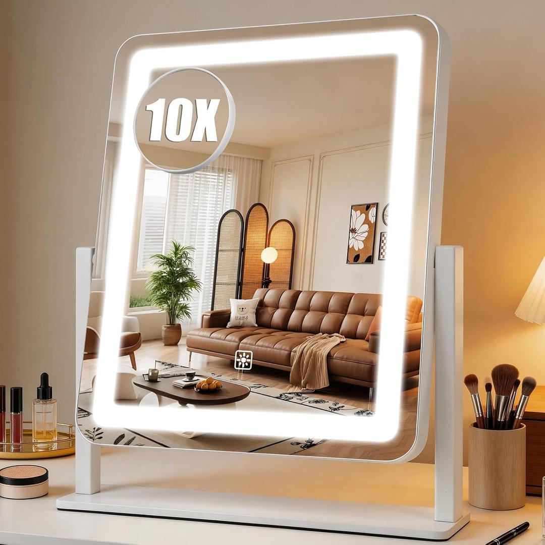 Vanity Mirror with Lights, 15"12.2" Large LED Makeup Mirror with Light, HD Mirror, Smart Touch with 3-Color Lighting, Dimmable, 360 Rotation, Lighted Up for Vanity Desk Tabletop, Bedroom (White)
