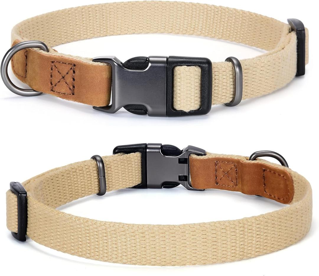 Mile High Life Dog Collars | Soft Cotton Dog Collars w Heavy Metal Buckle | Classic Puppy Collar w Premium Genuine Leather Tips | Pet Collars for Large Dogs (Khaki)