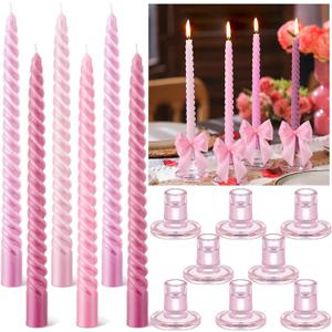 Teenyyou 16 Set 10 Inch Valentine Galentines Pink Spiral Taper Candle Set Including 8 Pcs Coquette Candles Party Supplies and 8 Pcs Coquette Bow Glass Candlestick Holders for Valentines Dinner Wedding