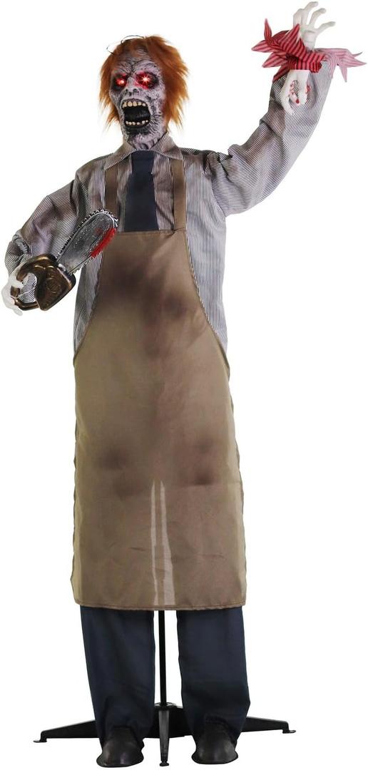 Haunted Hill Farm Zombie Carver Halloween Animatronic with Movement, Sound, and Light-Up Eyes for Scary Indoor or Covered Outdoor Halloween Decorations, Battery Operated Halloween Props for Home, 67" Standing Zombie