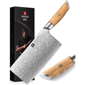 XINZUO Cleaver Knife 7.5 Inch, 73 Layer Damascus Steel Powder Steel Core Chinese Chef's Knife, Multifunction Vegetable Meat Slicing Knife with Olive Wood Handle -Lan Series