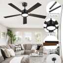 52 Inch Ceiling Fan with Lights and Remote, Smart APP Control, Dimmable with All-Setting Memory, Quiet DC Motor Reversible Blades, Damp Rated Modern Ceiling Fan for Bedroom Patio Living Room, Black