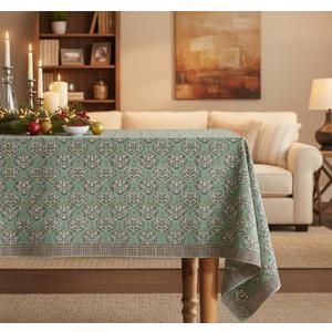 Ella Light Green Cotton Tablecloth 60" x84 Rectangular Block Print Holiday Table Cover Floral Cotton Tablecloth for Kitchen or Dining Room, 1 Pc
