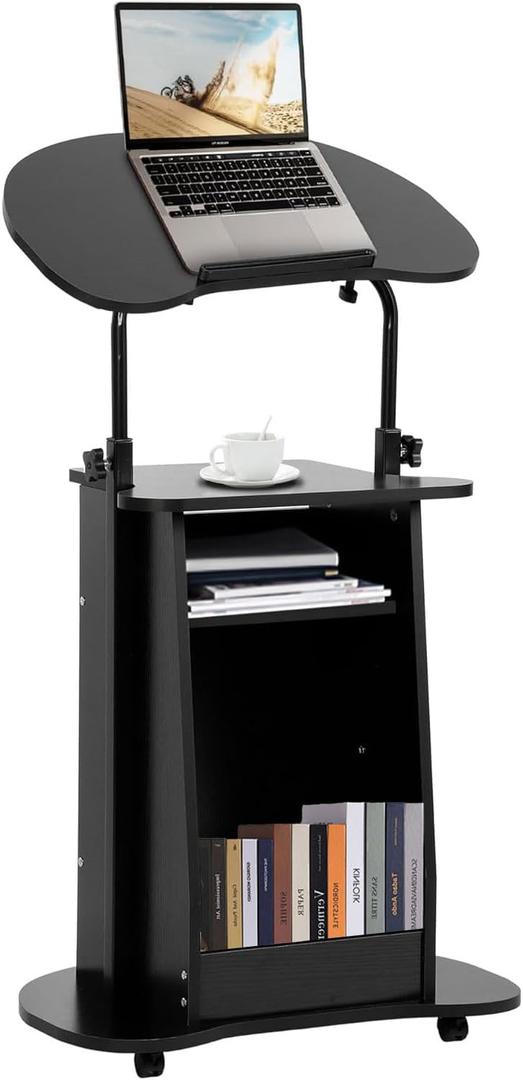bimiti Mobile Lectern Podium Stand Height Adjustable Sit-to-Stand Desk with Tilting Desktop & Storage Cabinet Rolling Lectern Cart Laptop Desk on Wheels, Podium Stand for Classroom Church Home Office