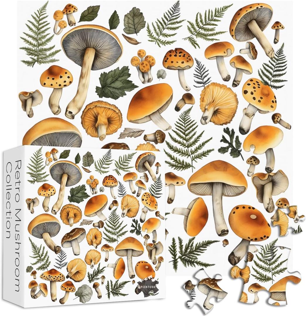 Vintage Mushroom Puzzle 1000 Pieces, PICKFORU Retro Plant Puzzles for Adults Leaves, Hard Unique Nature Art Theme as Home Decor