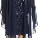 R&M Richards Elegant Sequin Cocktail Dress W/Sheer Chiffon Cape - Knee Length Evening Party Style (Blue, L)