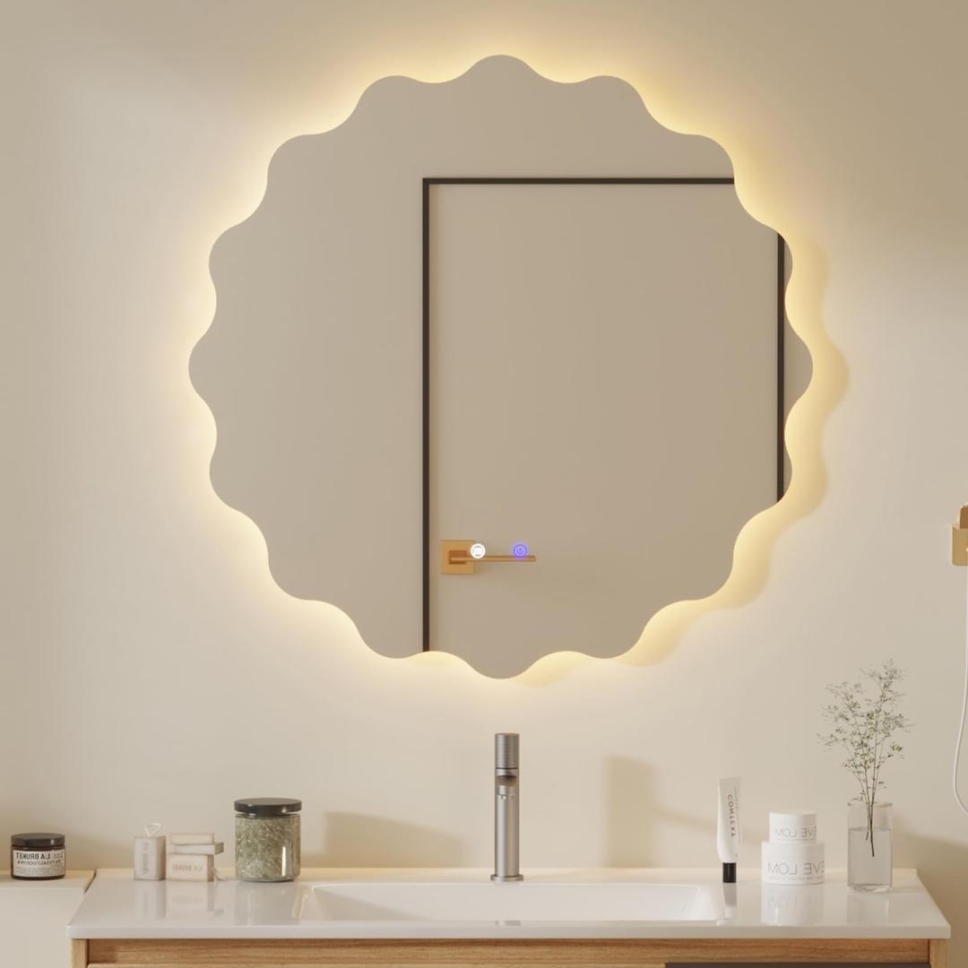 QDSSDECO 23" x 23" Wavy Round LED Wall Mirror, Backlit, Anti-Fog,3 Colors