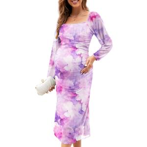 Mesh Ruched Maternity Dress Baby Shower Wedding Guest Pregnancy Shoot Fall Long Short Sleeves Square Neck (Large, Long Sleeves, Pink Purple Floral)