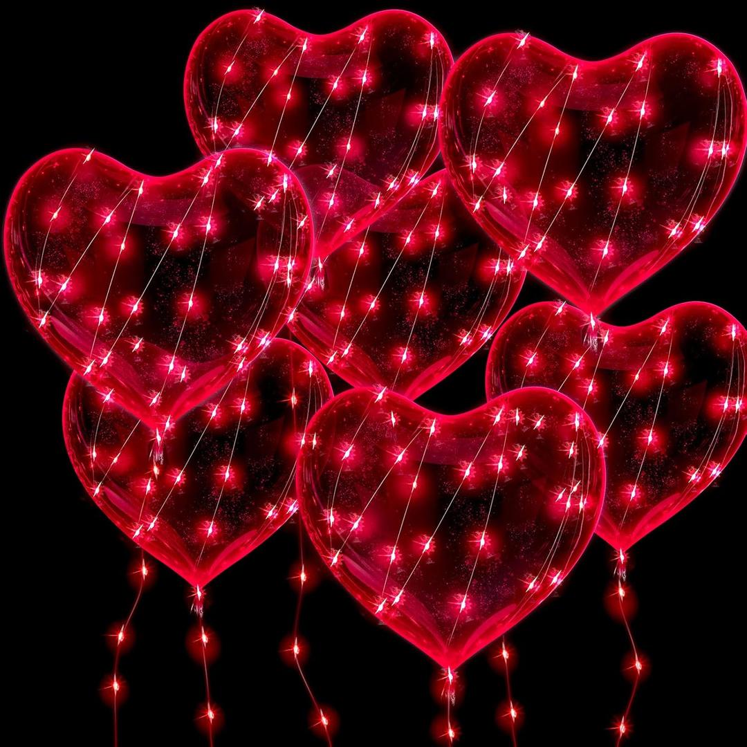 20 Pieces Valentines LED Light up Balloons Clear 18Inch Red Heart Shaped Bobo with 10ft LED Lights Reusable Fillable Glow Balloons for Wedding Engagement Party Valentines Day Decoration