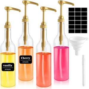 4 Pack Syrup Dispenser for Coffee Bar,25.4 oz/750 ml Clear Syrup Dispenser with 1/3 oz Gold Pump, Funnel and Comprehensive Label for Coffee Bar Accessories Essentials