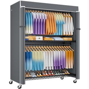 ULIFHOME P8C Max Heavy Duty Clothes RackWith Extended Width Design Rolling Clothing Racks for Hanging Clothes with Lockable Wheels51.2" W x 15.8" D x 80.5" HLoad 700LBSBlack Rack with Grey Cover
