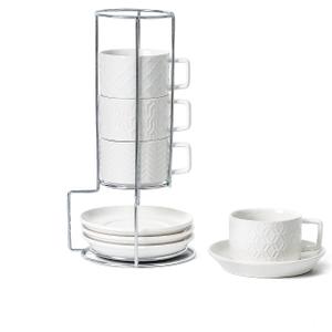 Sureasy 4 Ounce Ceramic Espresso Cups Set of 4 - Stackable Demitasse Cups with Saucers & Metal Stand, Coffee Cups for Latte, Tea, Dishwasher & Oven Safe, White