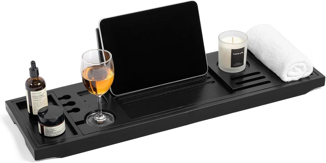 Realgulf Bamboo Bathtub Tray Caddy - Splash-Proof Adjustable (28.5-40") with Wine Holder, Tablet Stand & Non-Slip Grip | Spa-Grade Organizer for Bath Essentials & Reading- Black