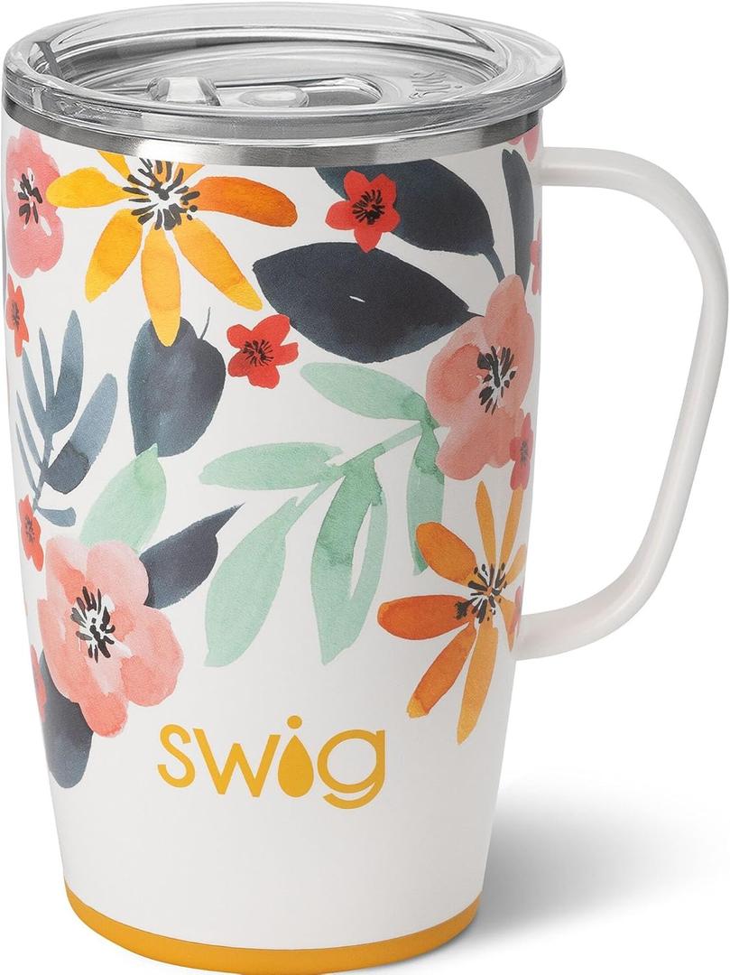 Swig Life 18oz Travel Mug, Insulated Tumbler with Handle and Lid, Cup Holder Friendly, Dishwasher Safe, Stainless Steel, Travel Coffee Cup (Honey Meadow)