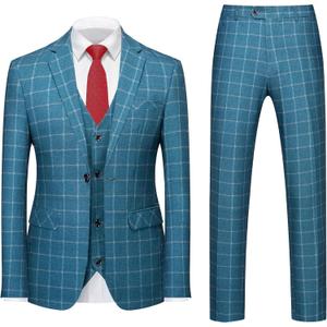 MOGU Mens 3-Piece Slim Fit Plaid Suit - Blazer, Vest, and Pants Set for Wedding, Prom, and Business (40, Sea Blue)