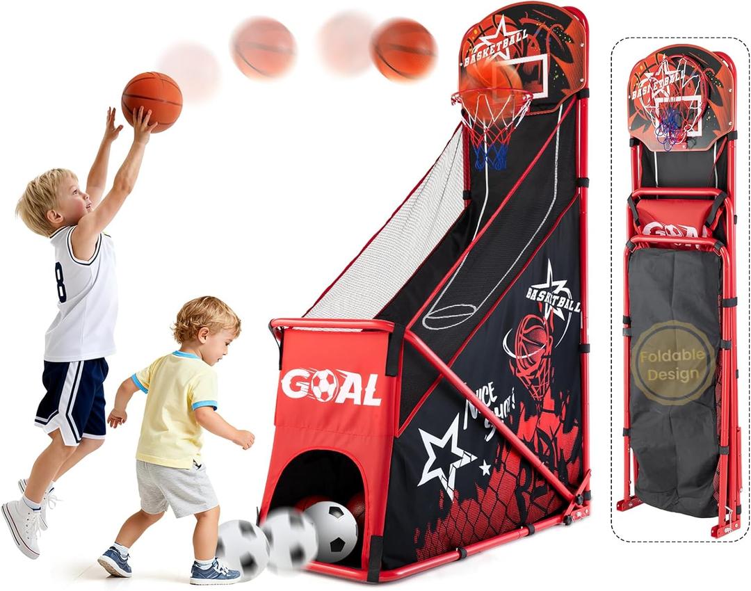 Basketball Arcade Game for Kids: Foldable Basketball Hoop Set with Soccer Goal- Portable Indoor Outdoor Sports Play Toy- Gift for Ages 3-12 Boys Girls- Air Pump and 3 Balls Included