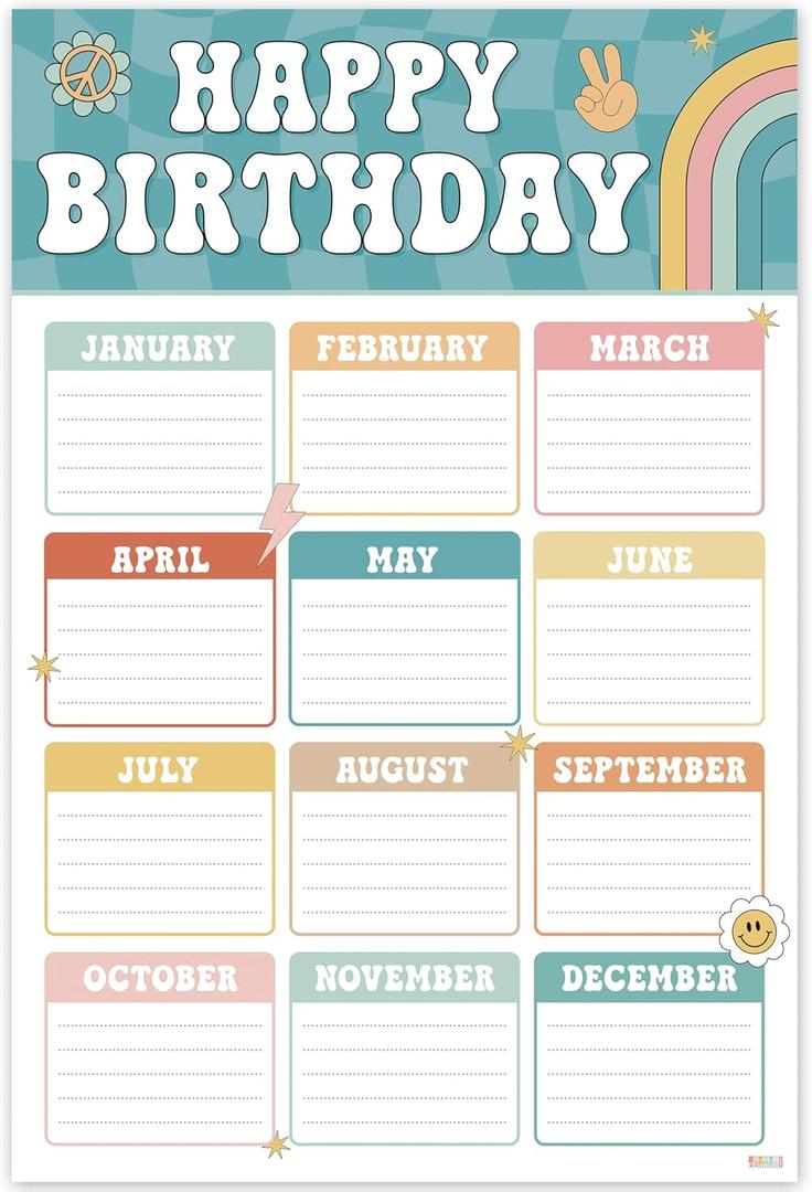 Boho Groovy Classroom Birthday Chart 16"x24", Back to School Happy Bday Poster Calendar for Kids Student, Pastel Bulletin Board Decoration Gift, Reusable Teaching Supplies, Shipped in Tube
