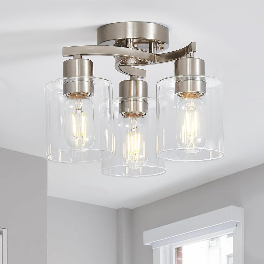 Brushed Nickel Ceiling Light Fixture, Modern Semi Flush Mount Ceiling Light with Clear Glass Shades, Small Kitchen Light Fixtures for Hallway Foyer Entryway Bedroom, 3 Light, 11.8 inch