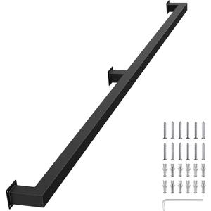 6 Feet Black Metal Handrail for Indoor Stairs  Sturdy Wall Mounted Stair Railing,Staircase Handrails 440lbs Load, Non-Slip Square Tube Hand Rails for Indoor Stairs, Industrial Pipe Stair Railing