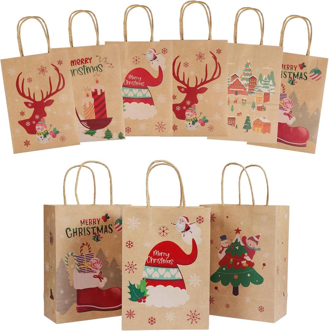 Mjokoj 24 Pack Bags - 6 Designs Kraft Paper Bags, 8.26x5.90x3.14 Inches With Handles, Suitable for Holiday, Reusable Xmas Gifts