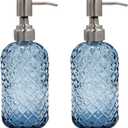 16 oz Diamond Pattern Glass Soap Dispenser, Kitchen and Bathroom Refillable Soap Dispenser with Rust Resistant Stainless Steel Pump for Hand Soap, Lotion Glass Liquid Dispenser(Blue - 2 Pack)