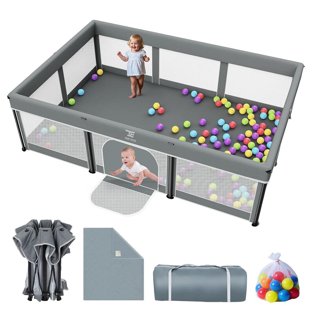 Foldable Baby Playpen with Mat - 74"X50" Large Play Yard for Babies and Toddlers - Indoor & Outdoor Portable Playpen with Storage Bag & 30 Ocean Ball - Baby Fence with Visible Mesh & Zipper Door,Grey