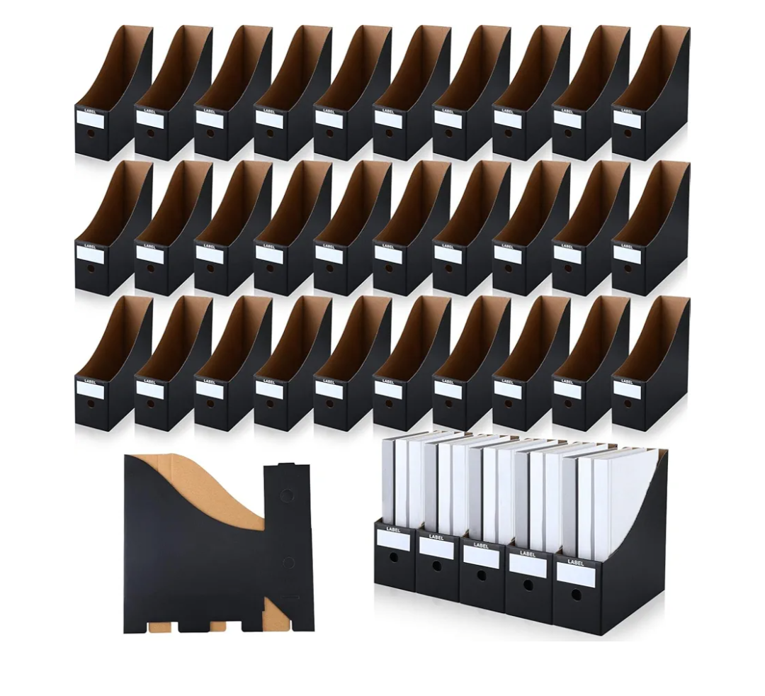 50 Pcs Cardboard Magazine Holder Magazine File Holder Magazine Storage Box Document Magazine File Organizer with 50 Pcs Labels for School Office Home Supplies (Black)
